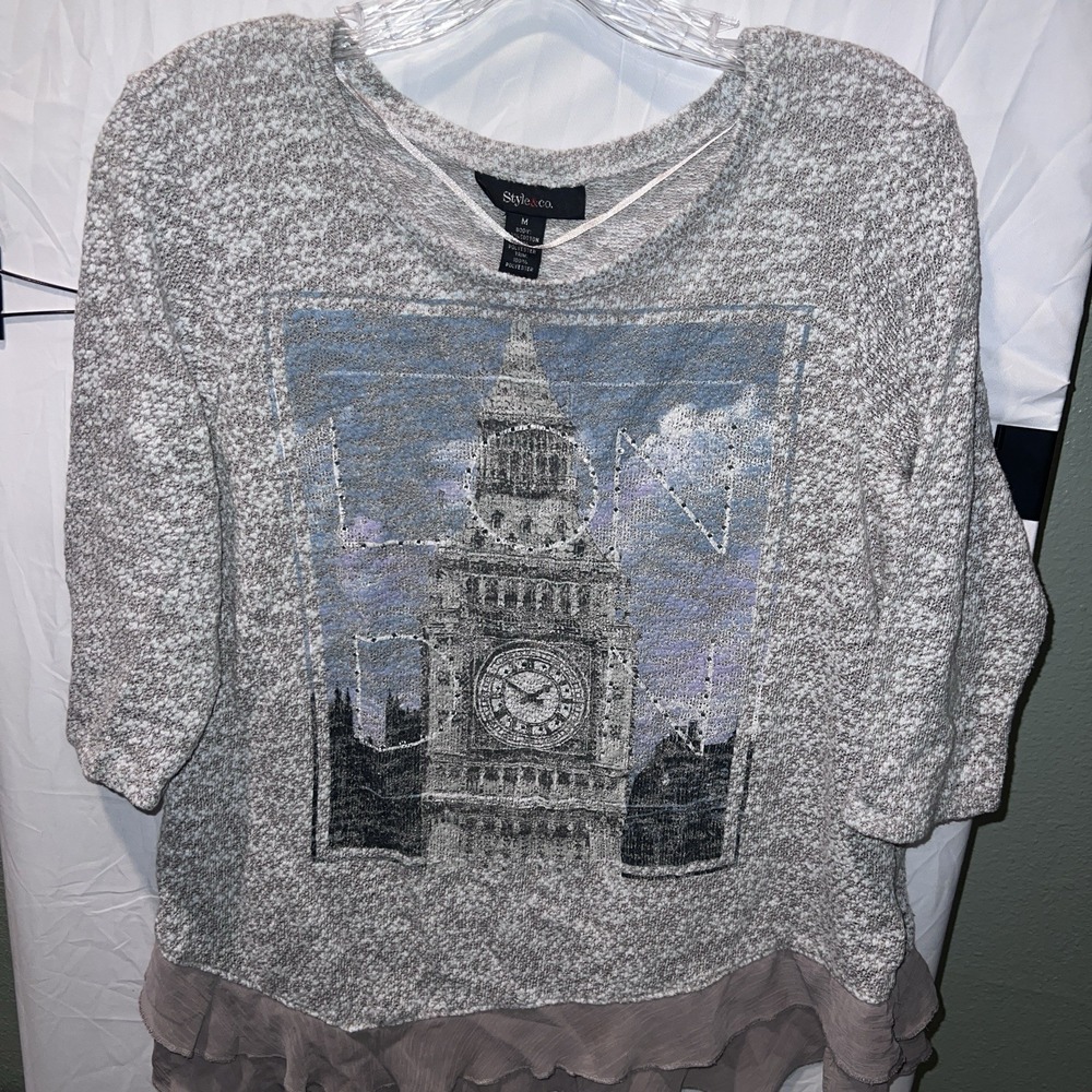 Style & Co Women M Knit Top Pullover Long Sleeves Sheer London Sparkly